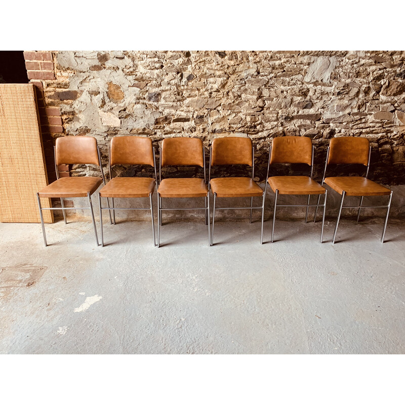 Set of 6 vintage chairs in brown leatherette