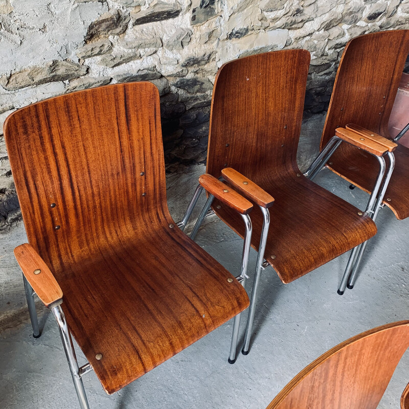 Set of 6 vintage wood and metal armchairs, 1960