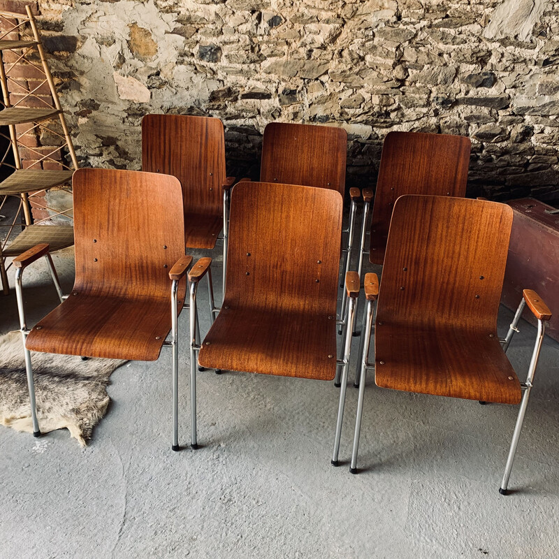 Set of 6 vintage wood and metal armchairs, 1960