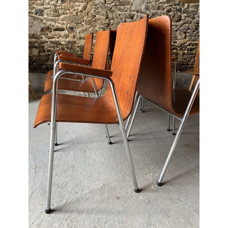 Set of 6 vintage wood and metal armchairs, 1960