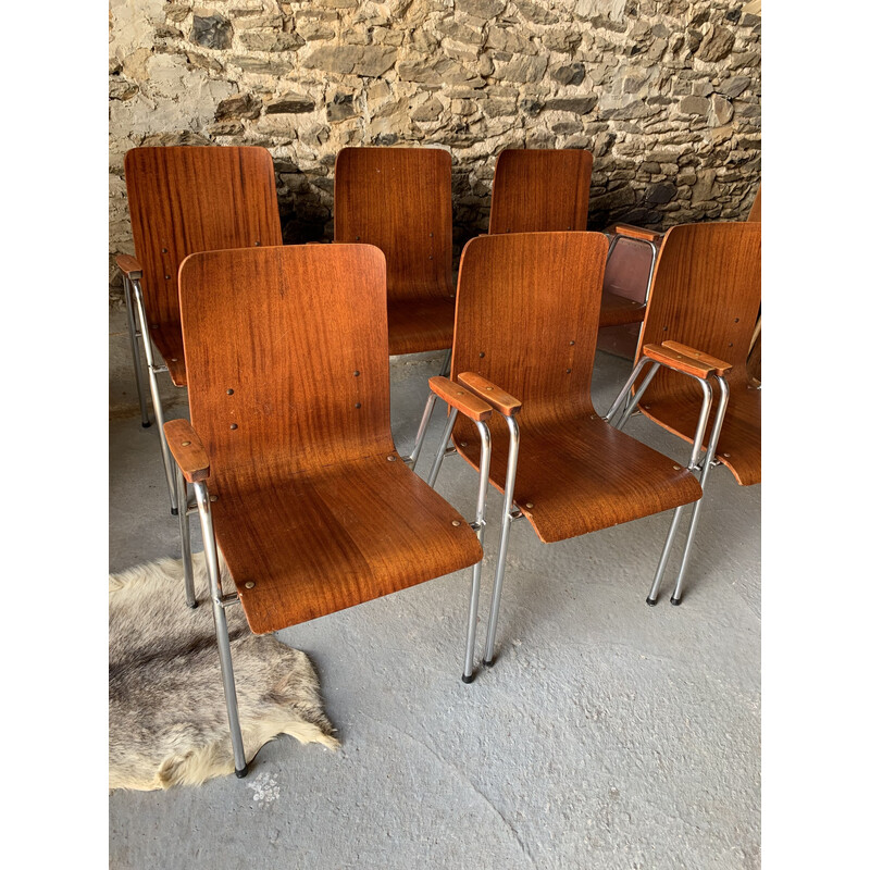 Conjunto de 6 poltronas de madeira e metal vintage, 1960