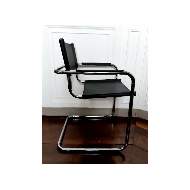 Cadeira de braços em metal cromado vintage e couro cantilever de Matteo Grassi, 1970