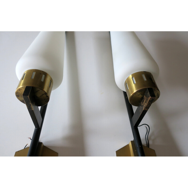 Pair of vintage Italian brass, opaline glass and black iron wall lamps, 1950s