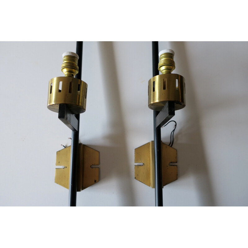 Pair of vintage Italian brass, opaline glass and black iron wall lamps, 1950s