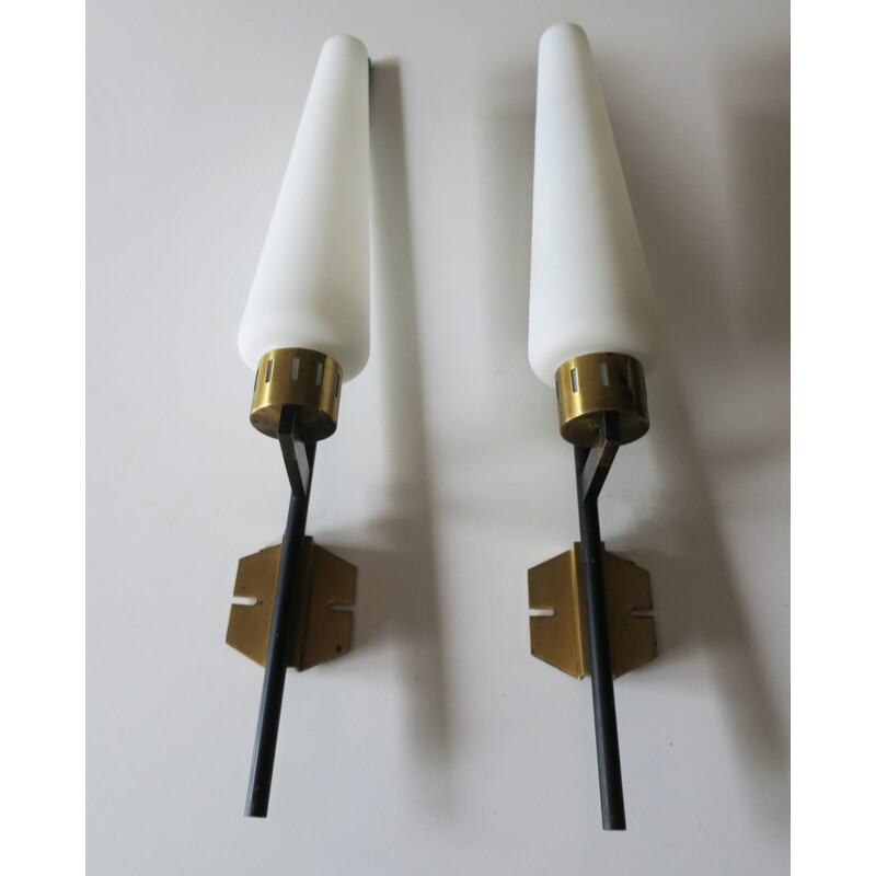 Pair of vintage Italian brass, opaline glass and black iron wall lamps, 1950s