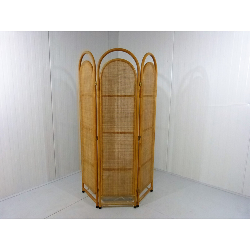 Vintage rattan and wicker folding screen, 1980s