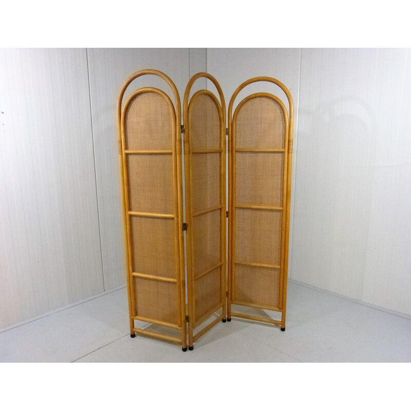 Vintage rattan and wicker folding screen, 1980s