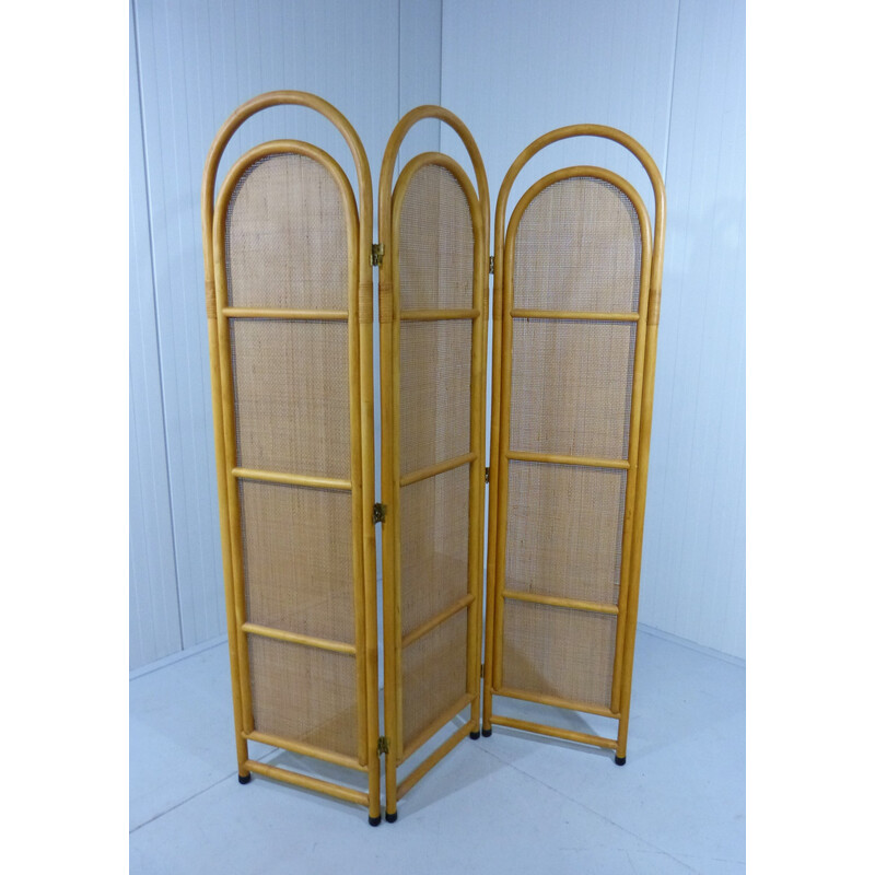 Vintage rattan and wicker folding screen, 1980s