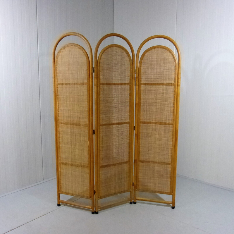 Vintage rattan and wicker folding screen, 1980s