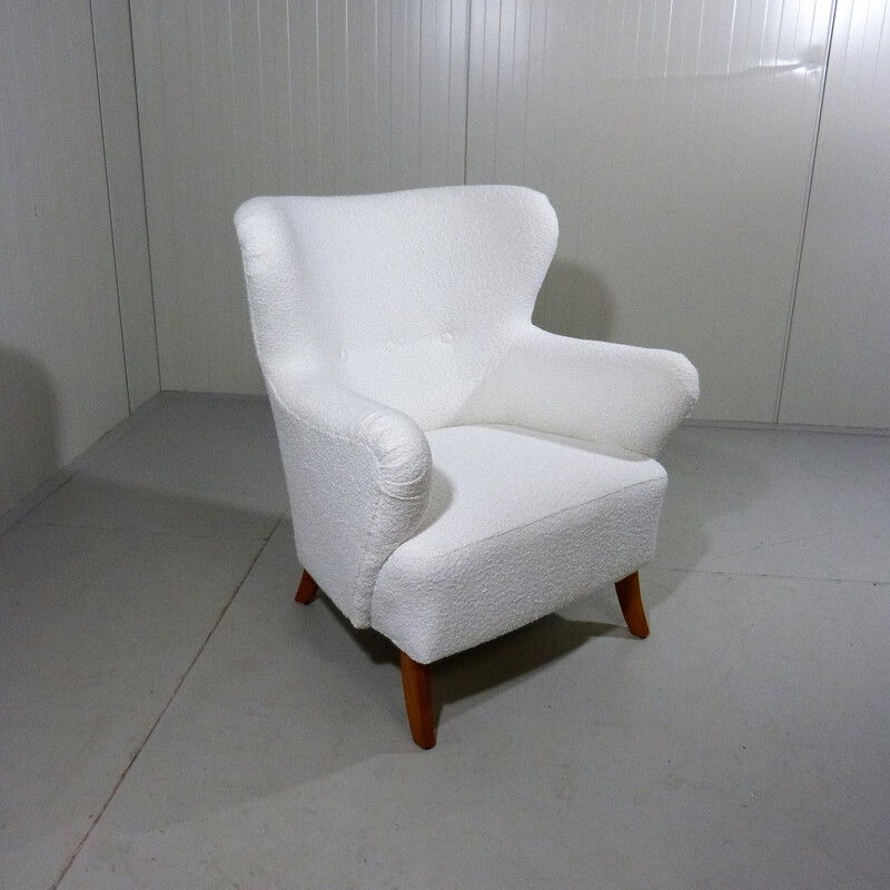 Vintage white boucle fabric armchair, Sweden 1950s