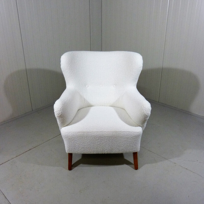 Sillón vintage de tela boucle blanca, Suecia años 50