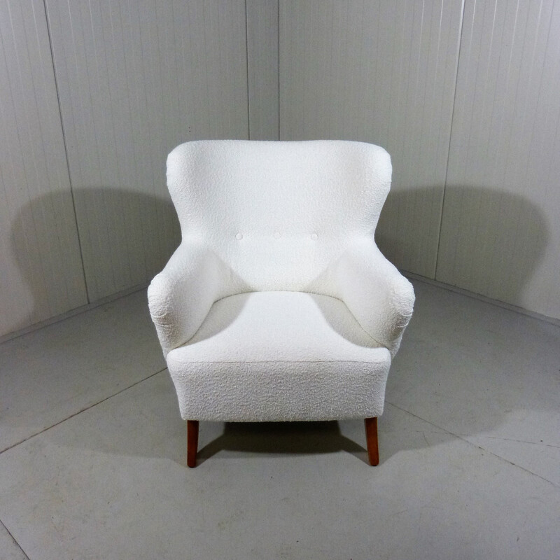 Vintage witte boucle stoffen fauteuil, Zweden 1950