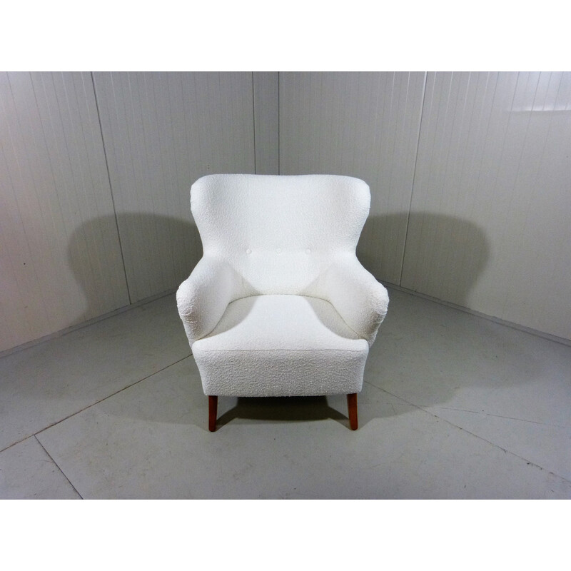 Vintage white boucle fabric armchair, Sweden 1950s