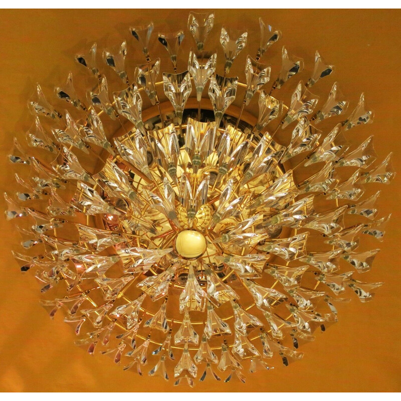Vintage Stilkronen gold plated brass and crystal chandelier, Italy 1970s