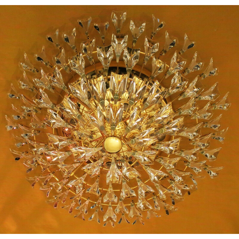 Vintage Stilkronen gold plated brass and crystal chandelier, Italy 1970s