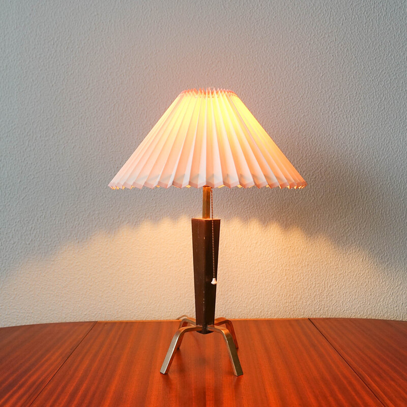 Mid-century Danish wood and brass tripod table lamp, 1950s