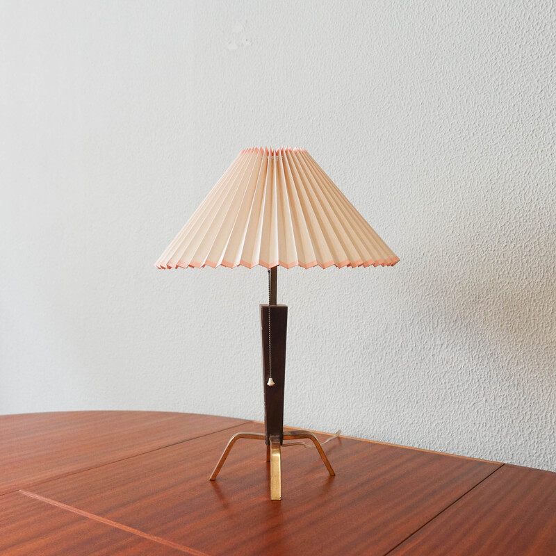Mid-century Danish wood and brass tripod table lamp, 1950s