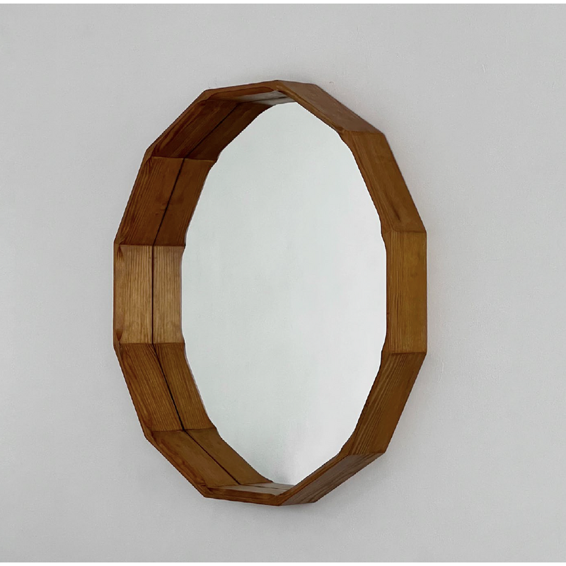 Vintage polygonal pine mirror, 1970