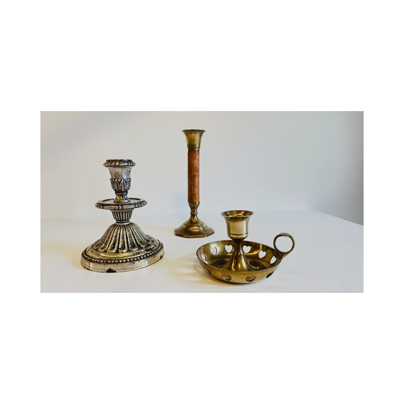 Set of 3 vintage silver metal and wood candlesticks