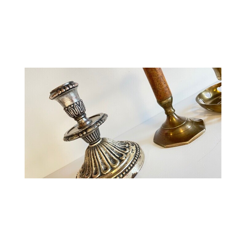 Set of 3 vintage silver metal and wood candlesticks