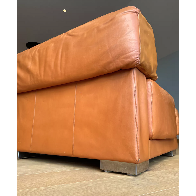 Vintage 3-Sitzer-Sofa aus fauvefarbenem Leder und Edelstahl von Gérard Guermonprez, Frankreich 1970