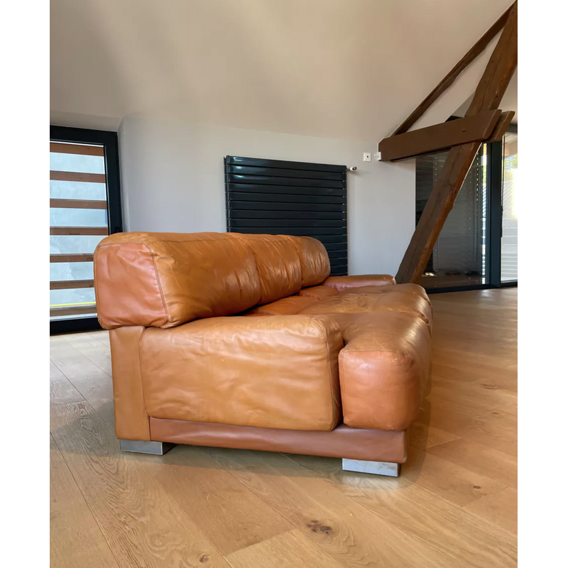 Vintage 3 seater sofa in fawn leather and stainless steel by Gérard Guermonprez, France 1970