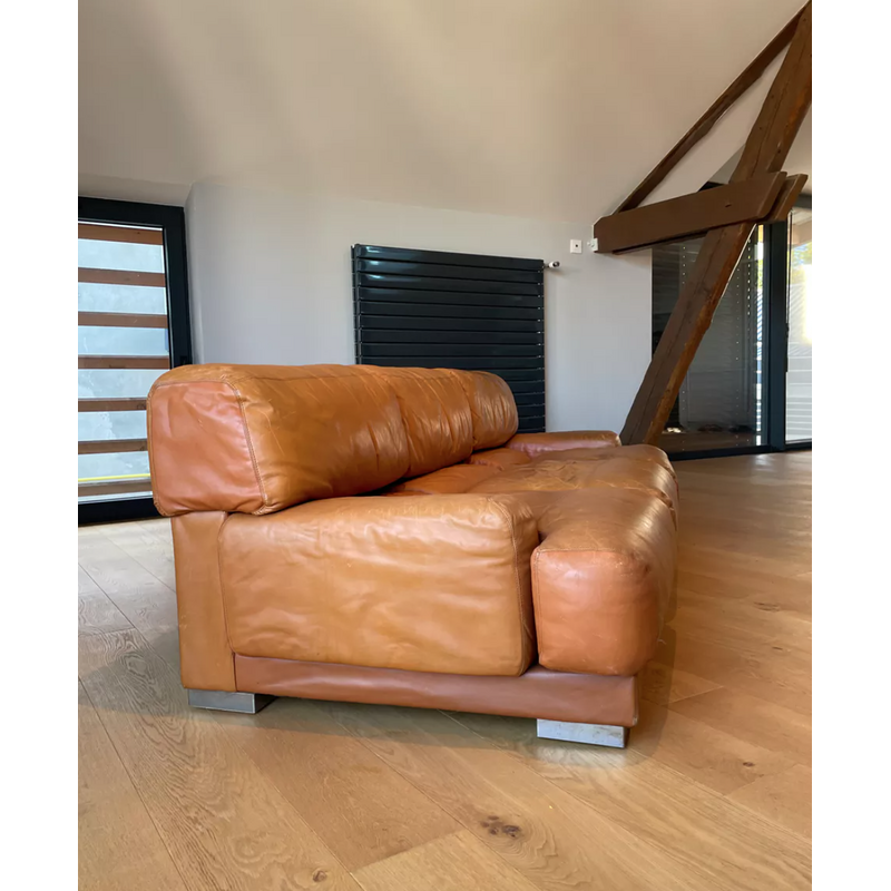 Vintage 3-Sitzer-Sofa aus fauvefarbenem Leder und Edelstahl von Gérard Guermonprez, Frankreich 1970