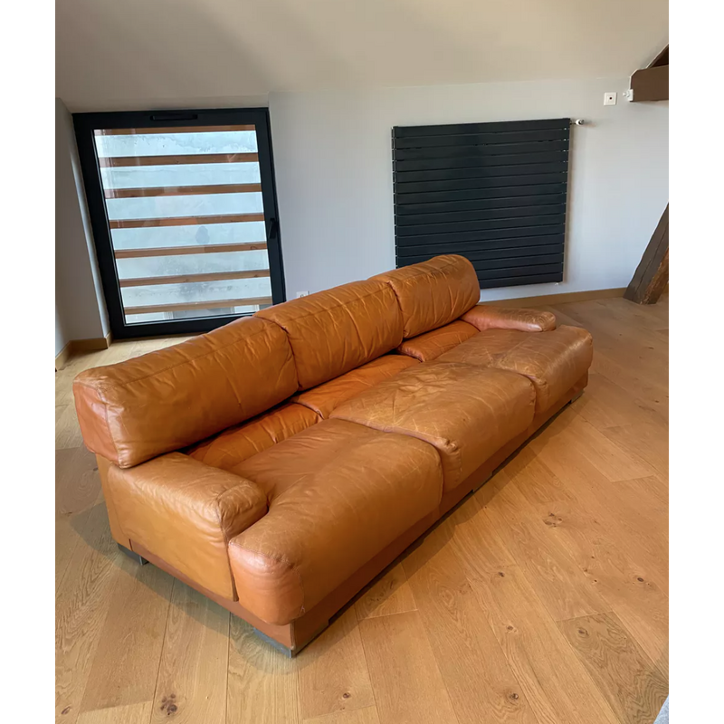 Vintage 3-Sitzer-Sofa aus fauvefarbenem Leder und Edelstahl von Gérard Guermonprez, Frankreich 1970