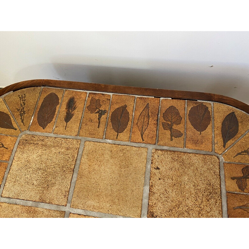 Table basse vintage en céramique herbier et bois par Roger Capron, 1960