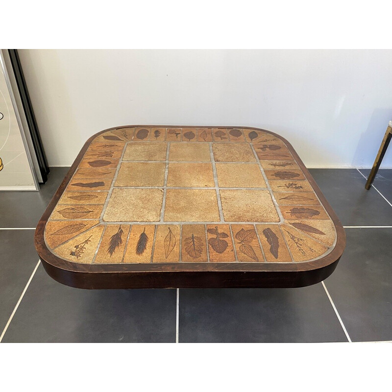 Vintage coffee table in ceramic and wood by Roger Capron, 1960