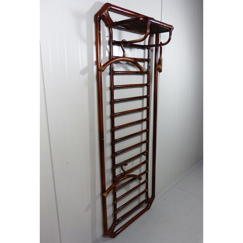Vintage wall coat rack in rattan and leather, 1960-1970s