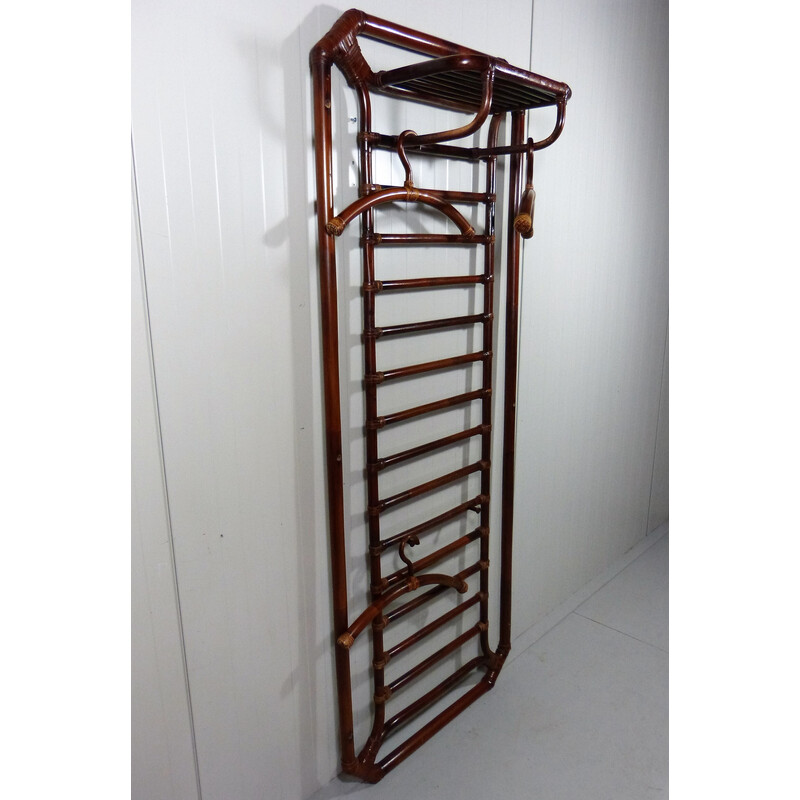 Vintage Wandgarderobe aus Rattan und Leder, 1960-1970er Jahre