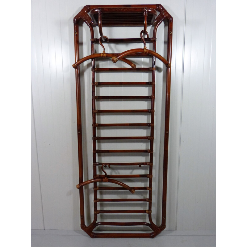 Vintage wall coat rack in rattan and leather, 1960-1970s