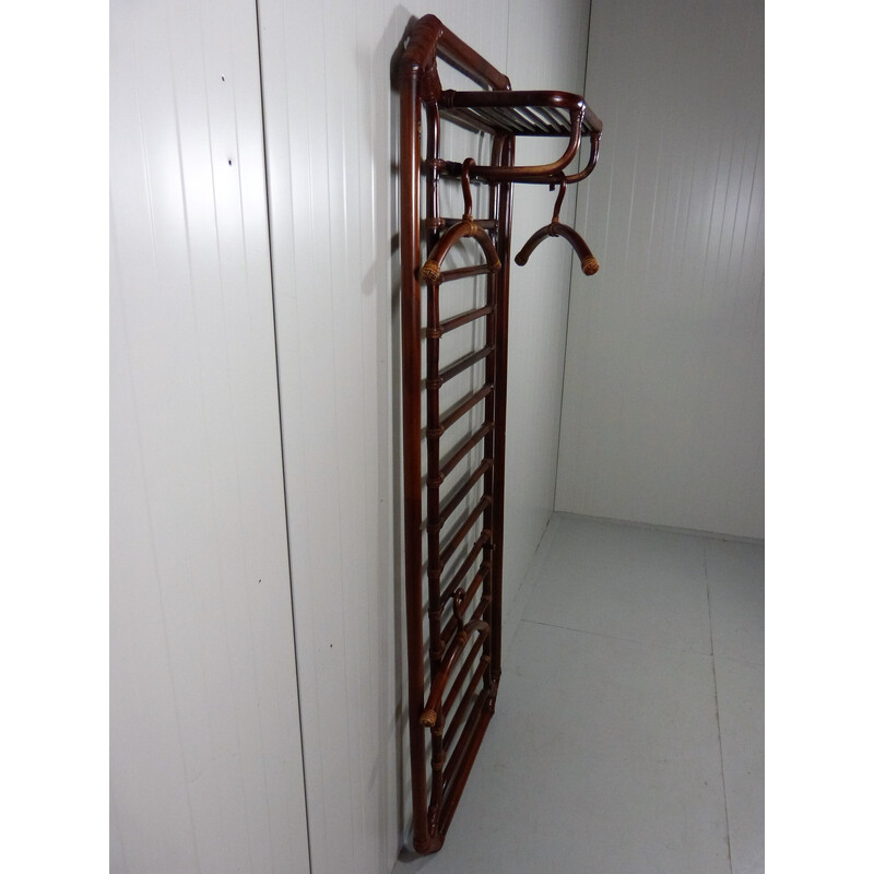 Vintage wall coat rack in rattan and leather, 1960-1970s