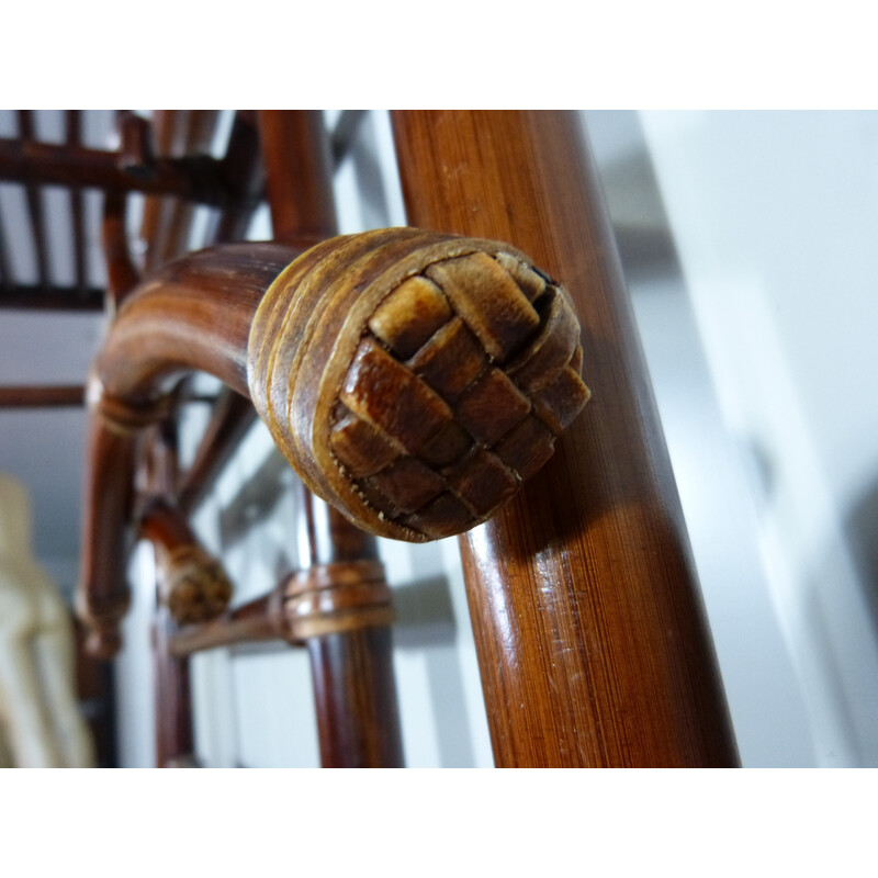 Vintage wall coat rack in rattan and leather, 1960-1970s