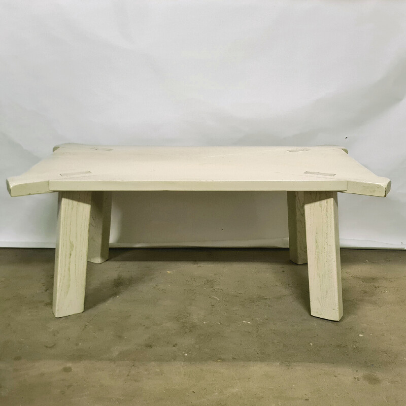 Brutalist vintage white solid oakwood dining table, Netherlands 1970s