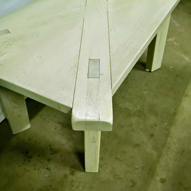 Brutalist vintage white solid oakwood dining table, Netherlands 1970s