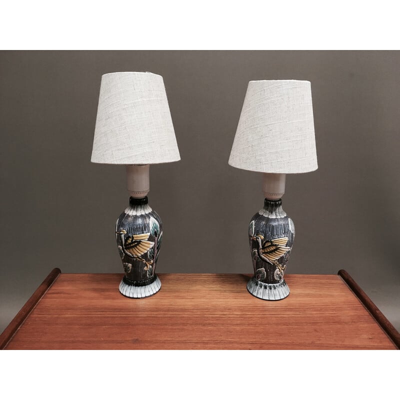 Paar Scandinavische vintage lampen van keramiek en linnen, 1960