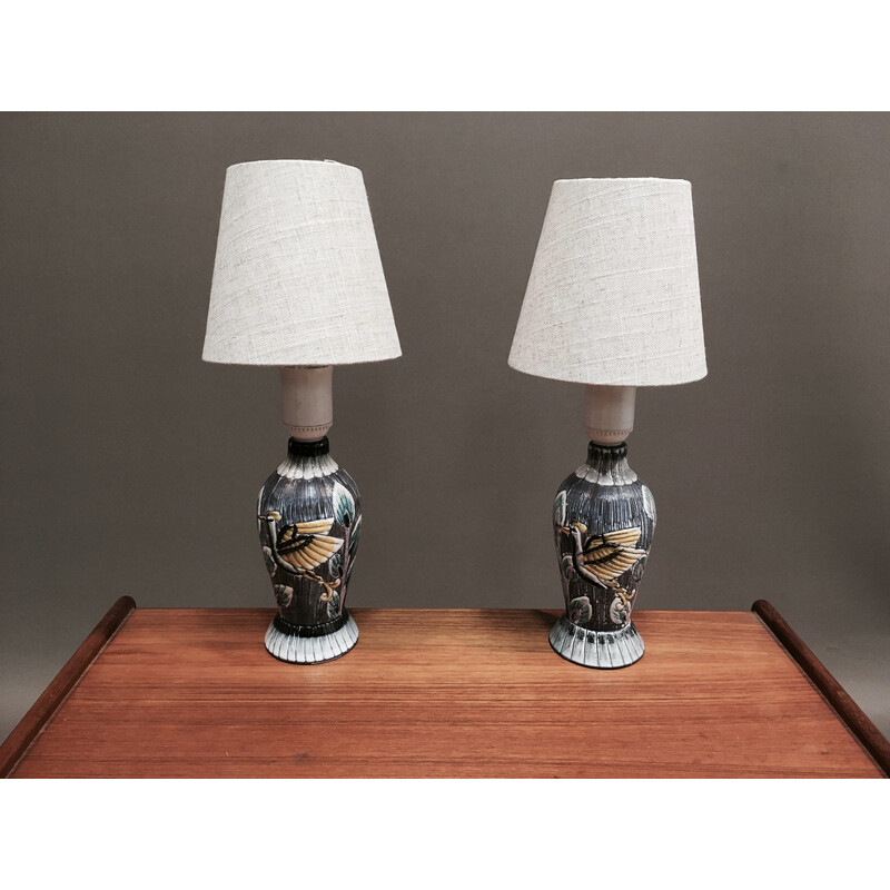 Pair of Scandinavian vintage lamps in ceramic and linen, 1960