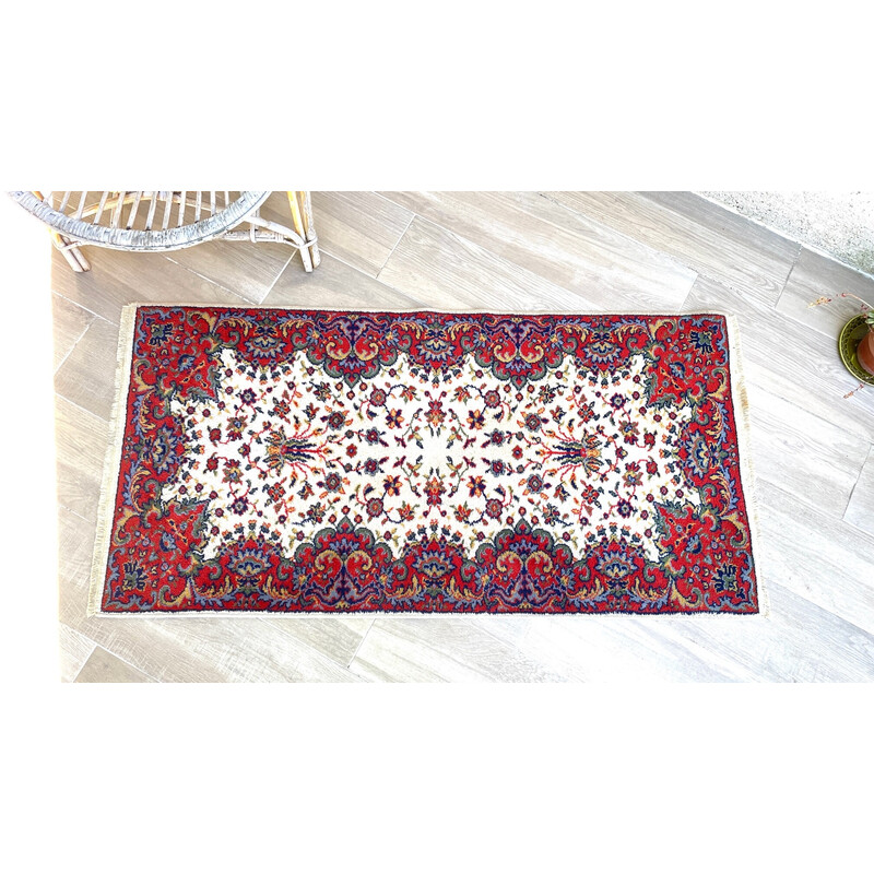 Vintage beige en rode wollen Perzisch tapijt