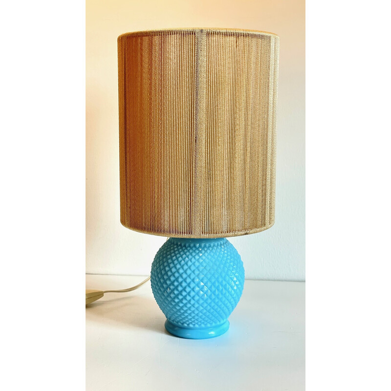 Vintage lamp in blue opaline and golden threads, 1960