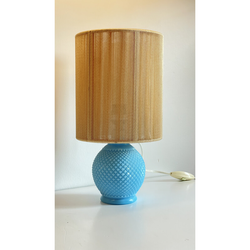 Lampada vintage in opalina blu e filo d'oro, 1960