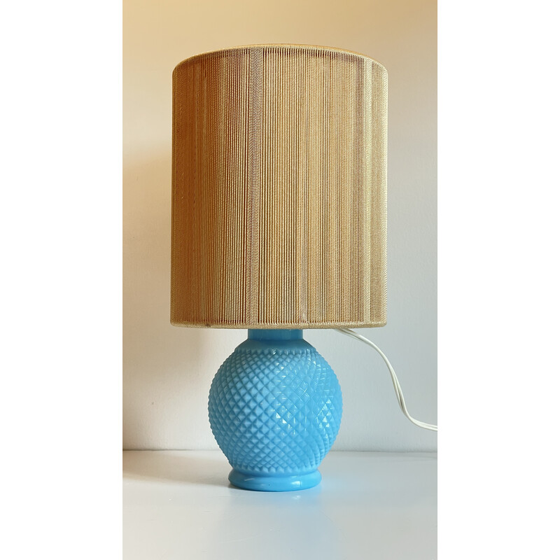 Vintage lamp in blue opaline and golden threads, 1960