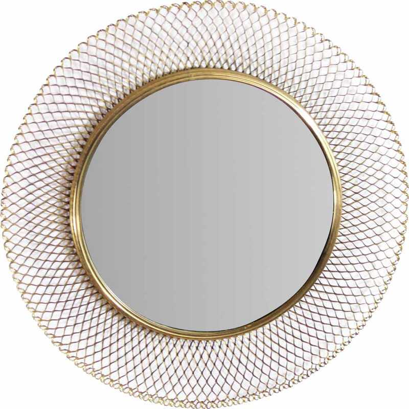 Miroir rond vintage en métal doré, 1950