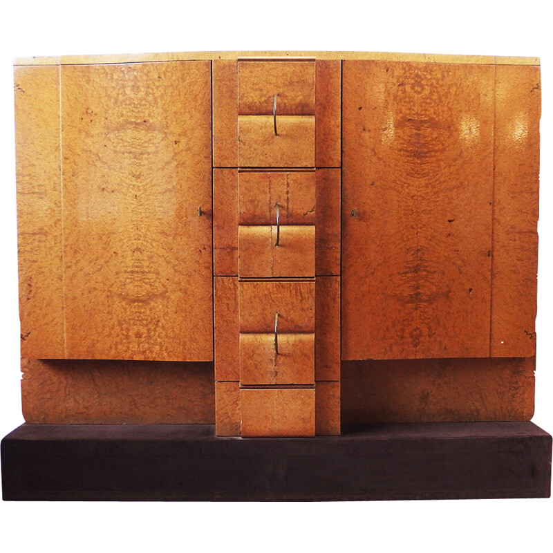Buffet Art Déco vintage en bois tapissée de velours par André Arbus