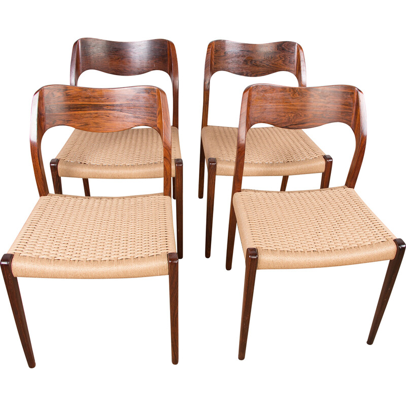 Set van 4 vintage Deense rozenhout en touw stoelen model 71 door Niels.O.Moller voor Jl Mollers, 1960