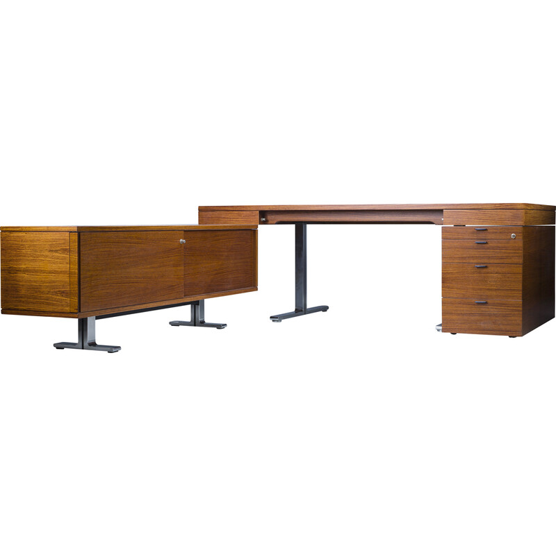 Vintage rosewood executive desk with sideboard by Walter Knoll for the Art Collection Series, Germany 1970