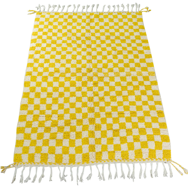 Vintage Bright Lemon Check Berberteppich aus Wolle