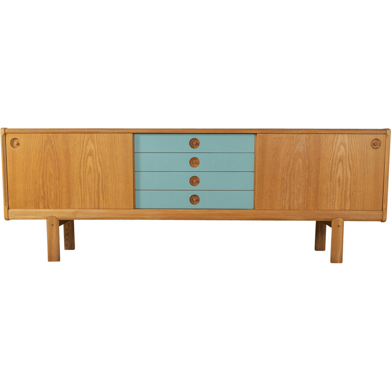 Credenza vintage in legno di quercia con due ante scorrevoli di H.W. Klein per Bramin, anni '70