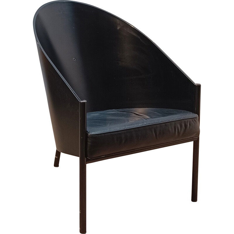 Poltrona vintage Pratfall in legno scuro e pelle nera di Philippe Starck